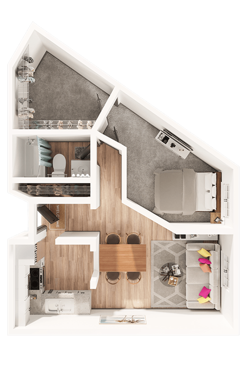 Floor plan for 1 bed, 1 bath, 720 sqft